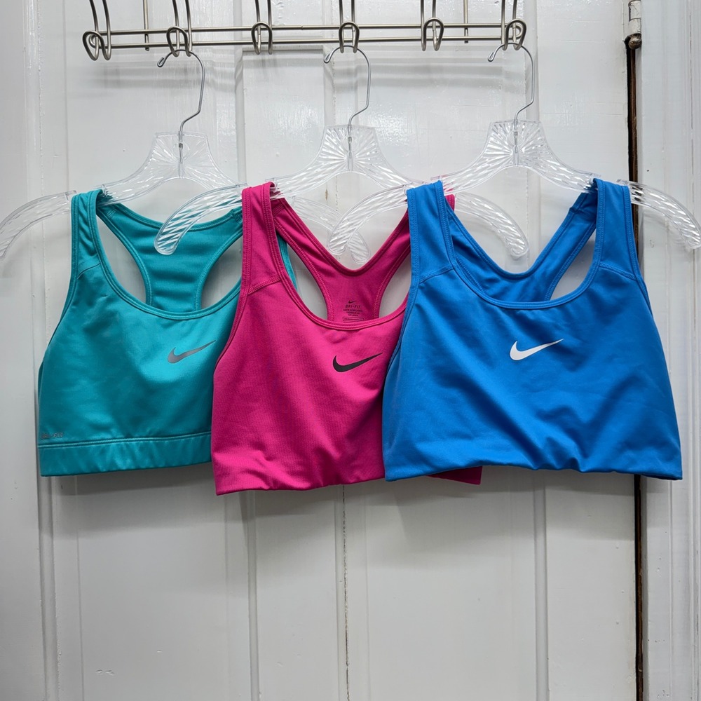 3 Nike Dri-Fit Athletic Sports Bras Women's Large Pink Blue Turquoise Racerback - Picture 2 of 5